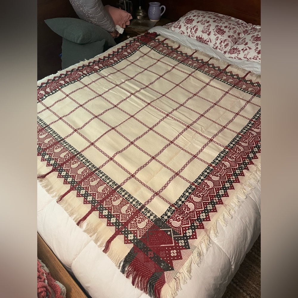 Elegant Red and Cream Woven Tablecloth.